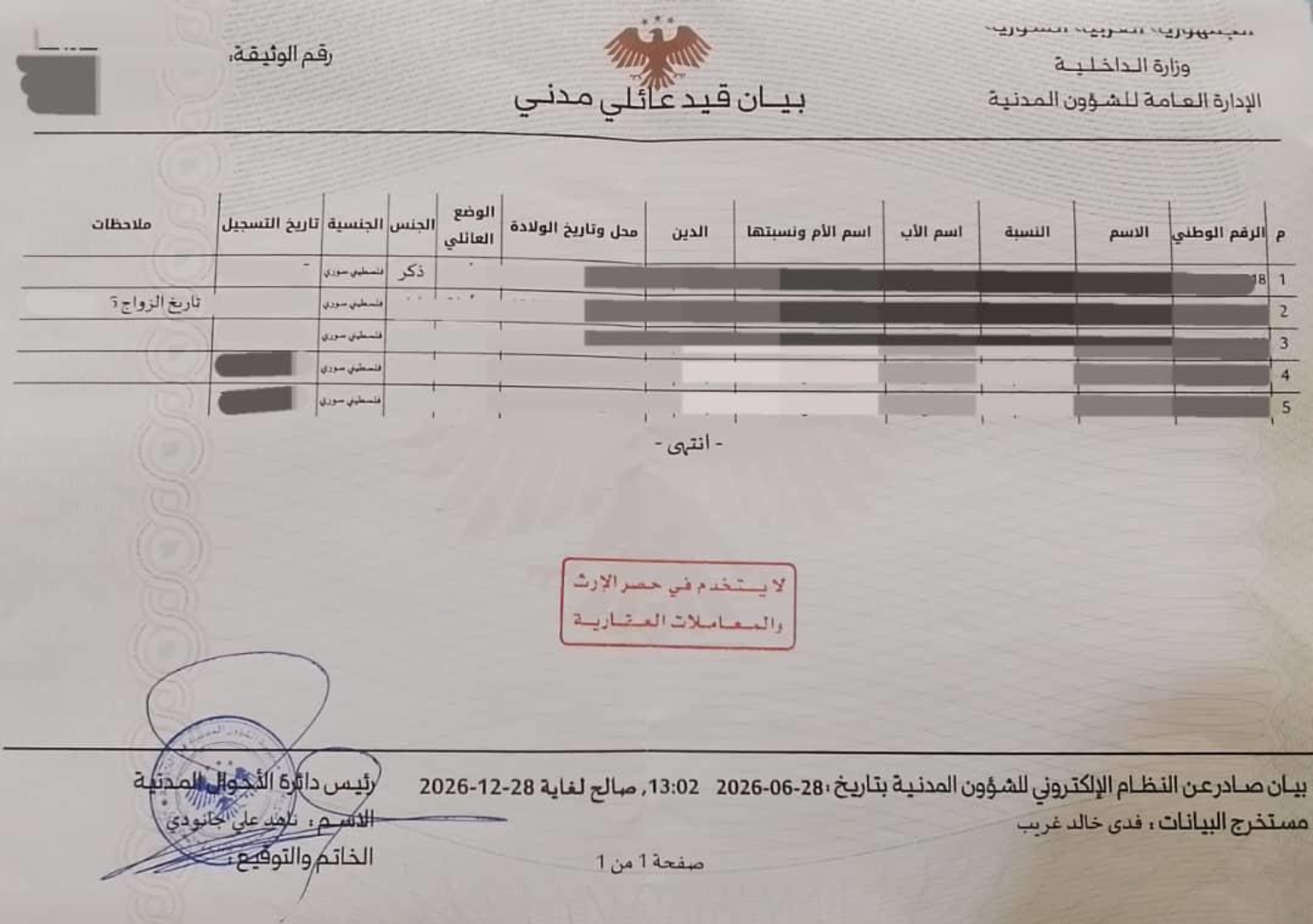 بيان قيد عائلي مدني فلسطيني سوري صادر عام 2026 عن دائرة الشؤون المدنية بعد حذف خانة الإقامة في فلسطين