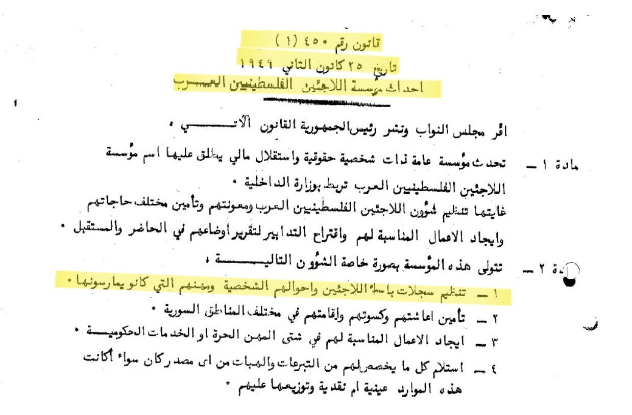 قانون رقم 450 لعام 1949 القاضي بإحداث مؤسسة اللاجئين الفلسطينيين العرب في سوريا